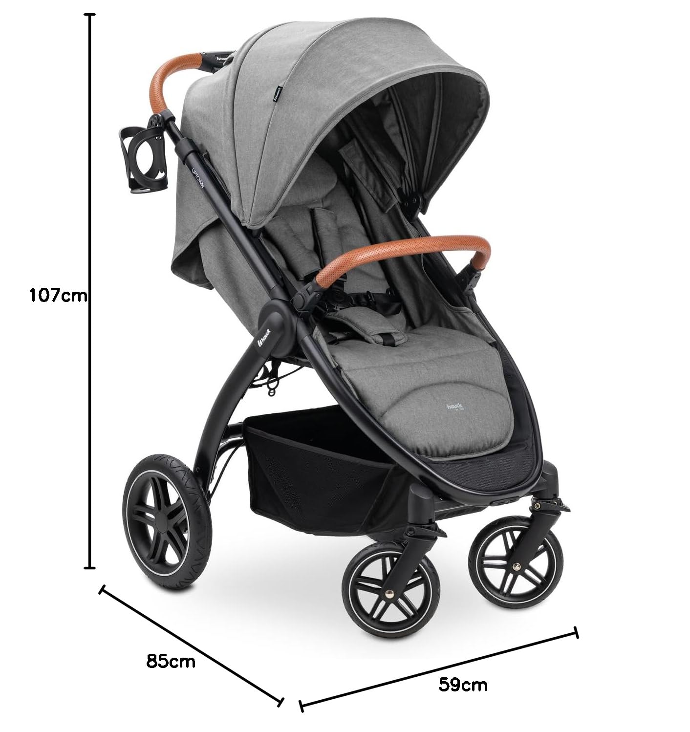 hauck Uptown, Melange Grey - Kinderbuggy mit Liegeposition ab Geburt, Breiter Sitz bis 22 kg, Getränkehalter, Gummiräder, Federung, UV Schutz 50+, Faltbar, Höhenverstellbar, Großer Korb