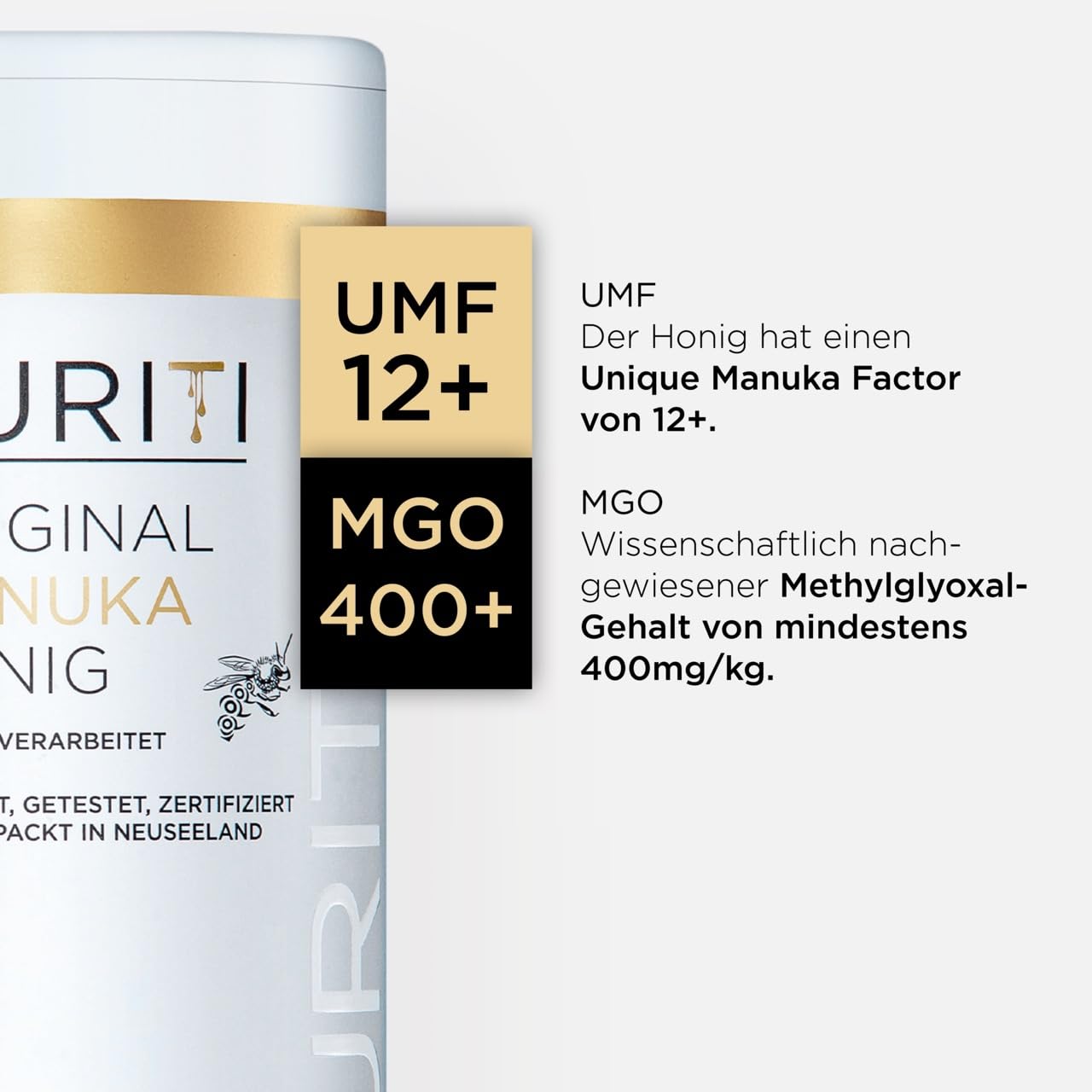 PURITI Manuka Honig MGO 400+ 500g aus Neuseeland mit zertifiziertem Methylglyoxal Gehalt - Laborgeprüft, Direktimport, reines Naturprodukt, frei von Zusatzstoffen