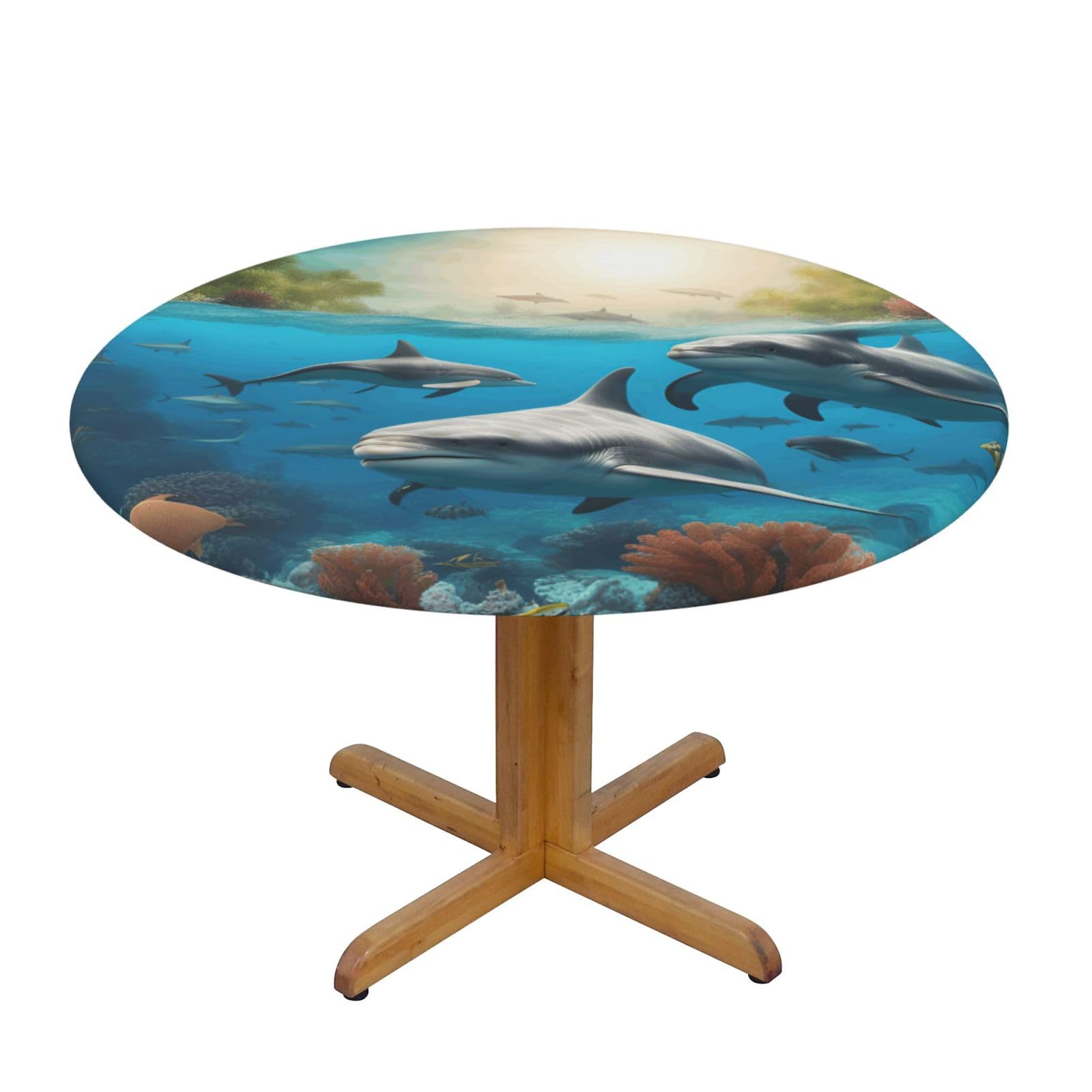 AYYQWE Dolphins Sea Turtle Shark Octopus Coral Print Round Tablecloth Dining Room Kitchen Table Cover Wedding Party Outdoor Indoor
