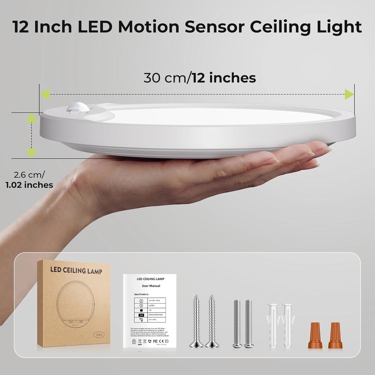 hepside 2 Pack Motion Sensor Ceiling Light Wired, 3000K/4000K/6500K LED Flush Mount Ceiling Light Fixture, 12Inch 24W Motion Sensor Light with Timer for Closet Stair Porch Hallway Pantry,White