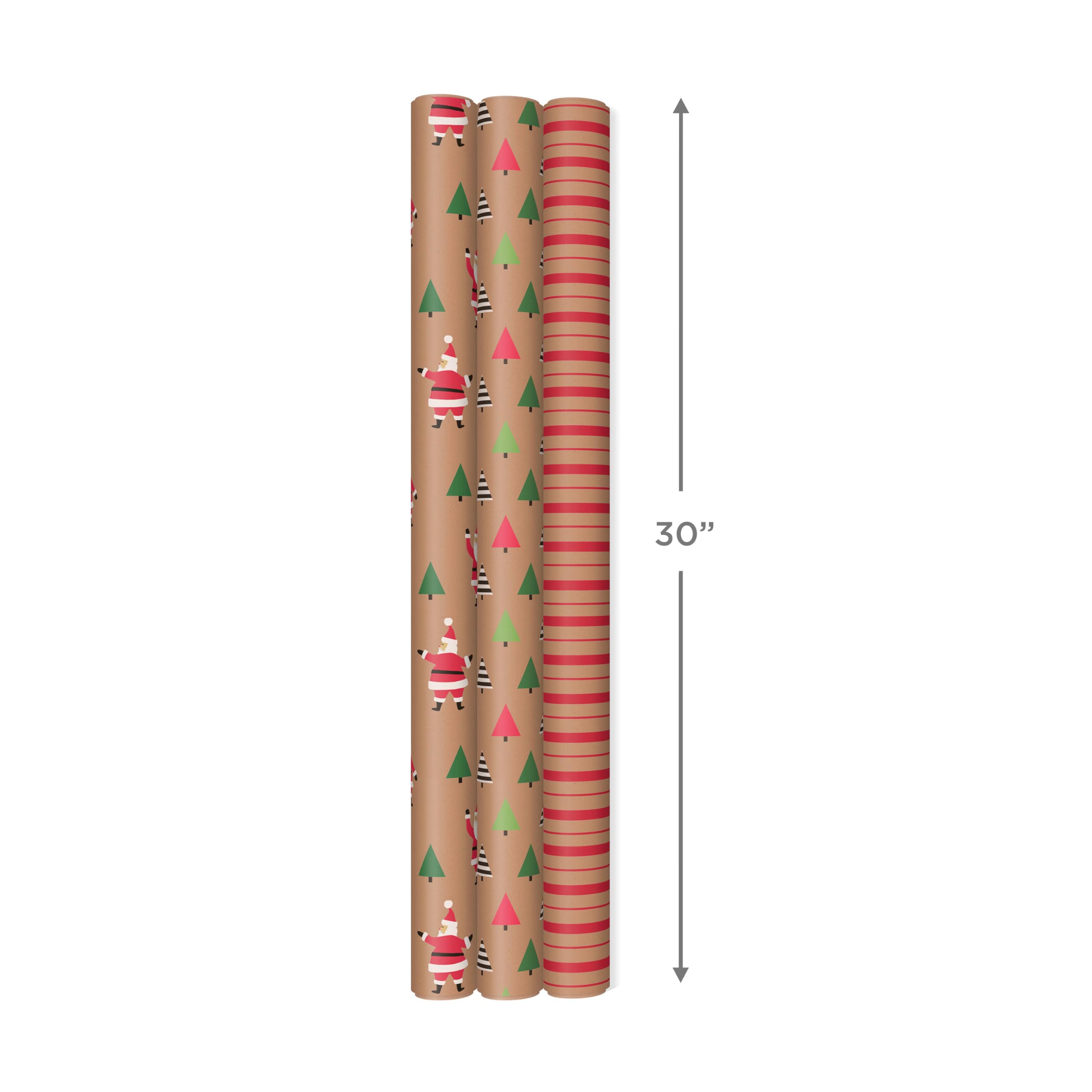 Hallmark Lot de 3 rouleaux de papier cadeau de Noël recyclable avec lignes de coupe au verso (90 m²) Marron avec Père Noël, arbres verts, rayures rouges
