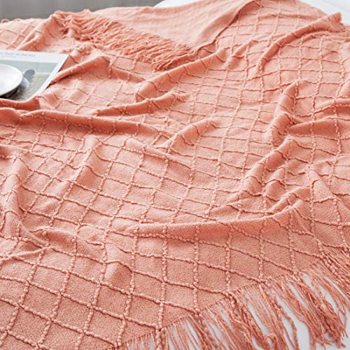 Treely Coral Orange Throw Blanket With Fringe Tassels Knitted Throw Blanket Textured Solid Decorative Knit Blanket For Bed Couch, 50" X 67.7", Coral Orange #TOP2