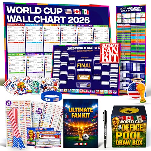 World Cup Wall Chart 2026 Ultimate Fan Kit (USA Edition) A1 Soccer Tournament Wall Planner Match Schedule Poster 288 Country Stickers 96 Action Stickers Sweepstake Kit Predictions Cards