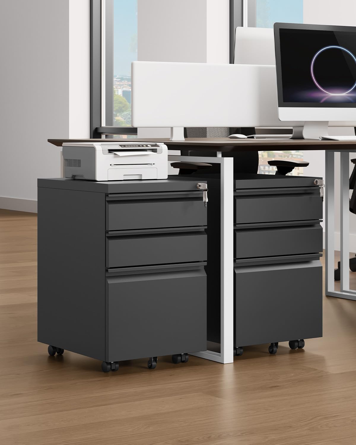 YITAHOME Armadietto portadocumenti completamente assemblato con serratura a 3 cassetti per lettere/legale/A4, per ufficio e casa mobile con ruota, nero, 46x39x62 cm