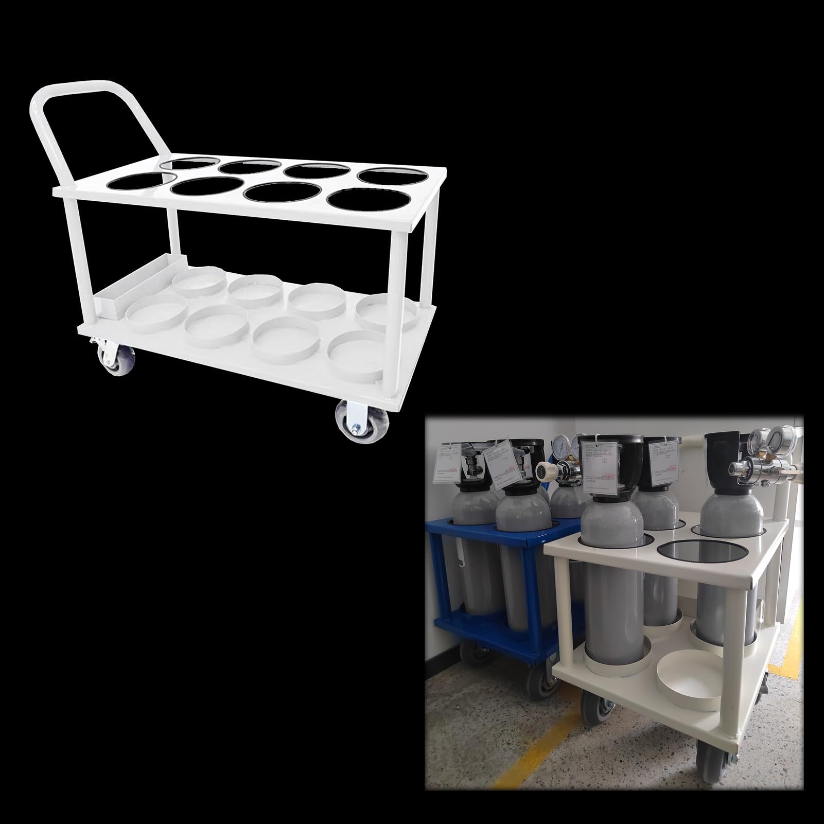 GLJTUO Oxygen Cylinder Rack 4-Wheel Oxygen Tank Cart Holder, 6.3" Diameter Oxygen Cylinder Trolley, Oxygen Cylinder Stand for 4/ 5L Tank, for Storage & Transportation,White-8 slots