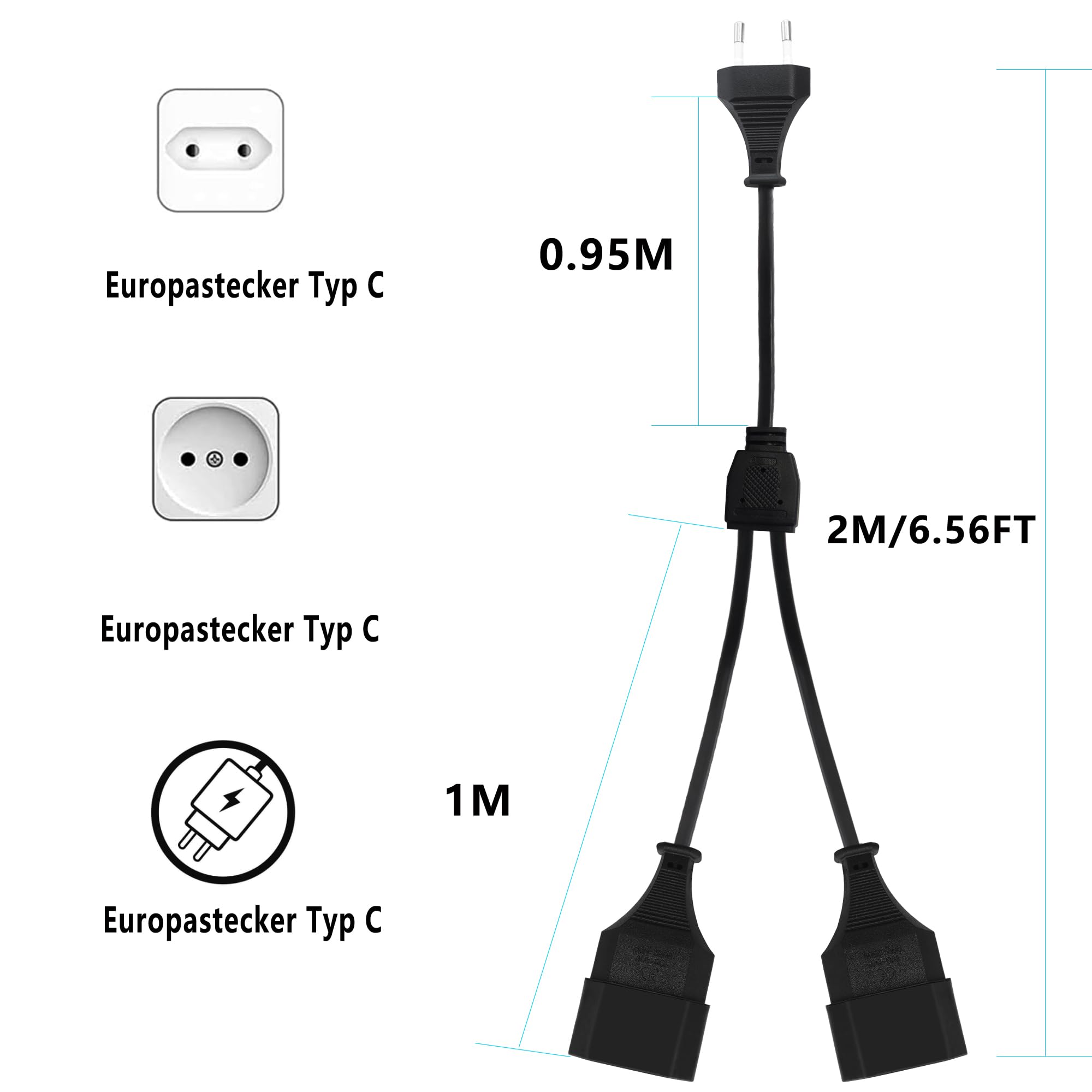 LANMINGLEL Type C stekker eurostekker naar dubbele type C Euro bus, 90 graden 2-in-1 Euro stroomverlengkabel, verlengkabel eurostekker 0,75 mm² max. 2,5 A/250 V voor tv computer monitor (2 m
