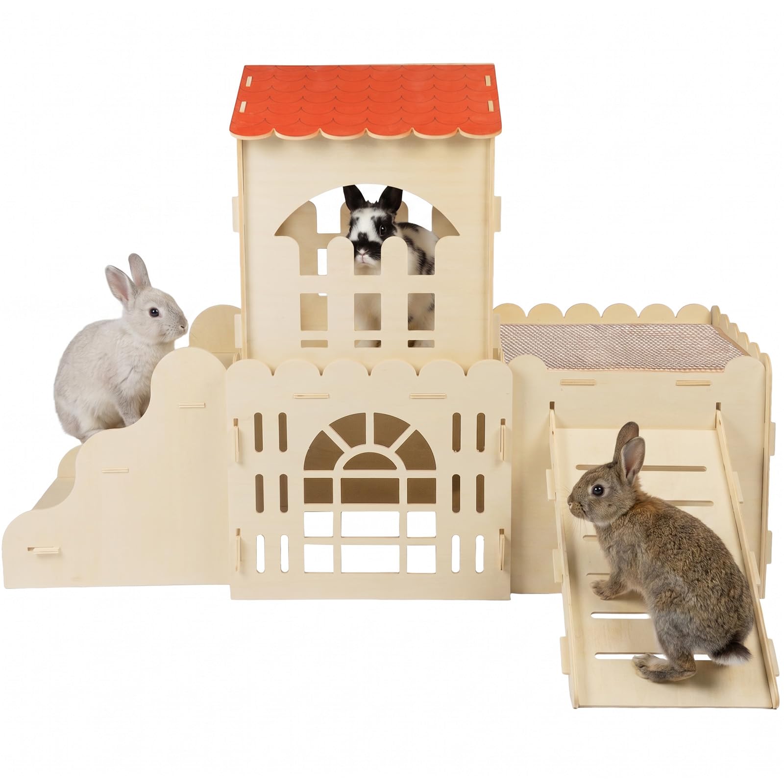 Kaninchenhaus aus Holz mit 2 Kratzmatten, 3-Haus-Schloss für kleine Haustiere, großes Hasenhaus für Kaninchen und Meerschweinchen, mehrstöckiger Kletterkäfig & Lebensraum für kleine Tiere