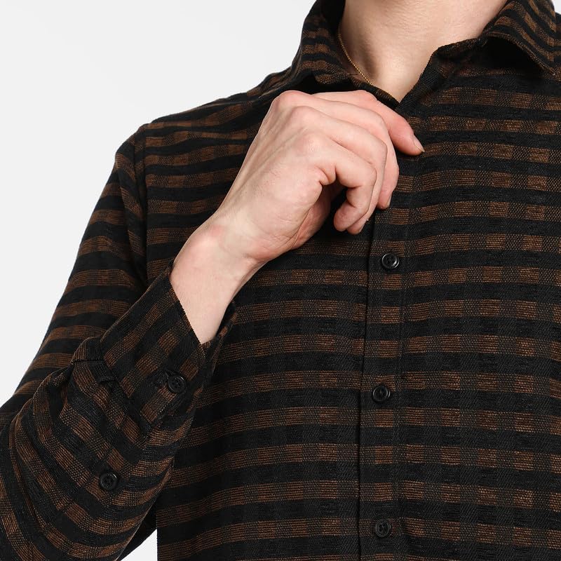 Image of CAHOOT Men's Polycotton Abstract-Textu Shirt |Casual-Wear | Spread Collar | Long Sleeve | Button Closure | Shirt Crafted with Comfort Fit for Everyday Wear