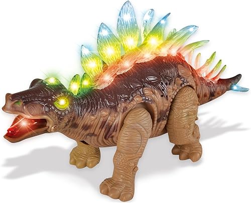 PowerTRC Figura electrónica de juguete de dinosaurio jurásico de Stegosaurus para caminar con sonidos, acción de columpio de cola y luces, regalo de