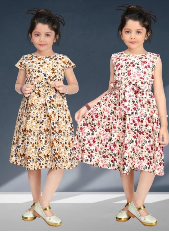 Image of Girls Pure Cotton Casual Round Neck Regular feet Multi Color Girls Gown Dress Half Sleeve Set of 3 pcs