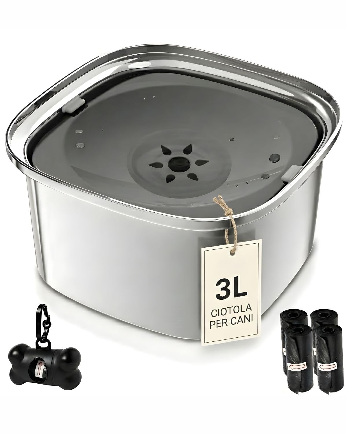 Ciotola per Cani - Capacità 3L - Recipiente Antigoccia Antischizzo Antiribaltamento - Accessorio Animali Base Antiscivolo - Ciotola Acqua Cane - Dispenser Con 4 Sacchetti Inclusi