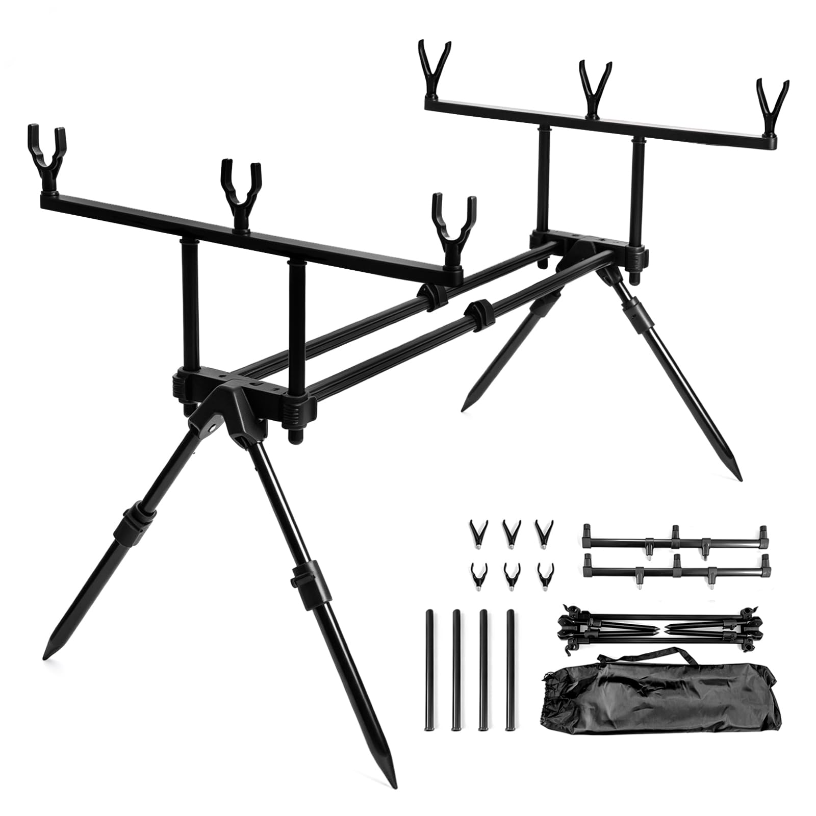 Rod Rack, 64-121 cm Extendable Carp Angling Rod Pod Pole Holder for Carp Fishing with Carrying Bag and 6 Pole Rest Heads Height and Length Adjustable Three-Head Angling Stick for Carp Bank Fishing