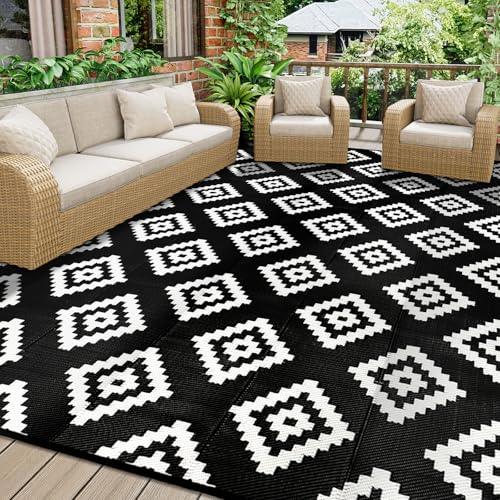 Homcomodar Outdoor Teppiche Wasserdicht 180x270cm Schwarz Groß Patio Teppich Kunststoff Stroh Teppich UV-beständige Camping Matte Reversible Matte für Picknick Balkon Beach Deck Homcomodar Outdoor Teppiche Wasserdicht 180x270cm Schwarz Groß Patio Teppich Kunststoff Stroh Teppich UV-beständige Camping Matte Reversible Matte für Picknick Balkon Beach Deck