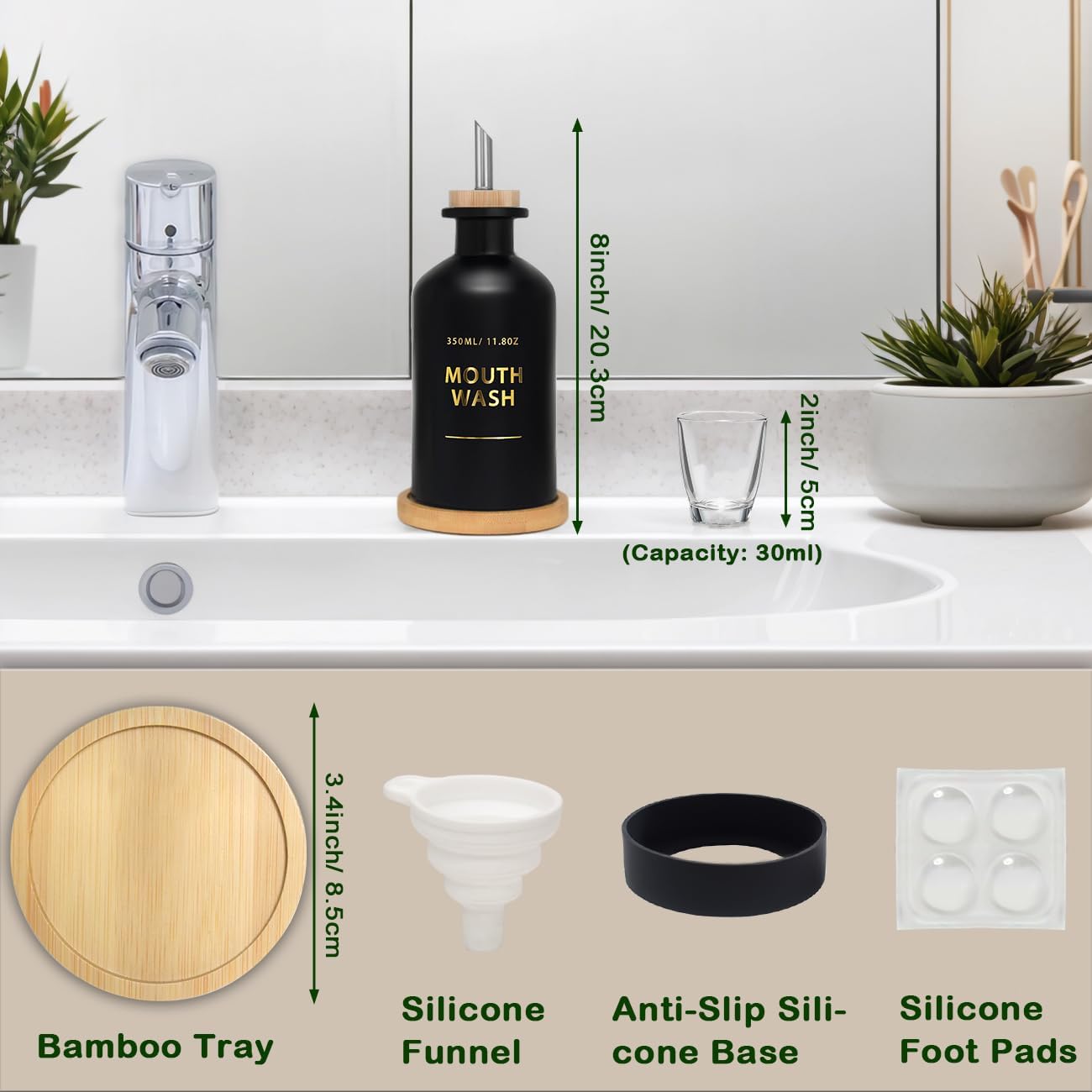 Mouthwash Dispenser for Bathroom 11.8oz – Glass Mouthwash Bottle with Cup & Bamboo Tray, Gold Hot-Stamped Lettering, Silicone Base, Modern Bathroom Accessory (Black) - Image 6