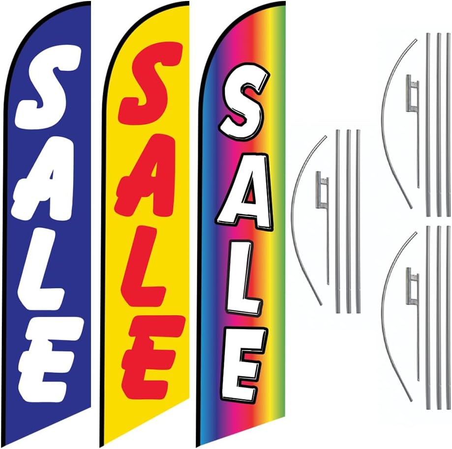 Three Pack of Red Sale Advertising Feather Flag Kits Package, Includes 3 Banner Flags, 3 Flag Poles, and 3 Ground Stakes