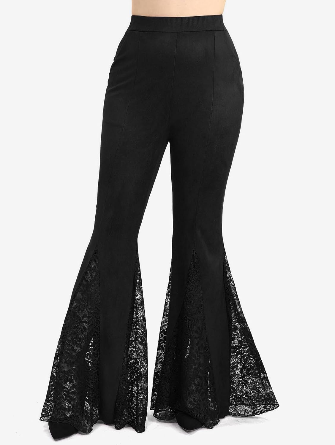 ROSE GAL Plus Size Women High Waisted Flare Pants Lace Patchwork Faux Suede Bell Bottom Pants with Pockets Long Trousers - Image 2