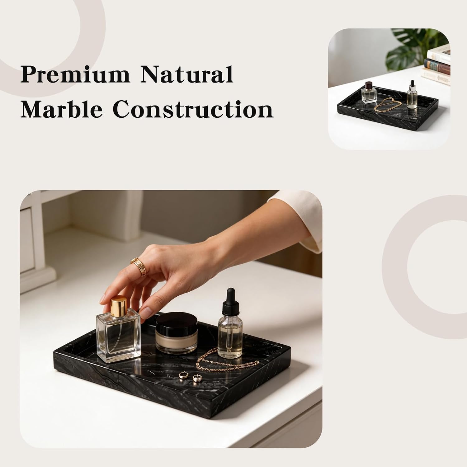 Black Marble Tray,Marble Tray,Elegant Vanity Organizer for Perfume, Jewelry, and Bathroom Essentials
