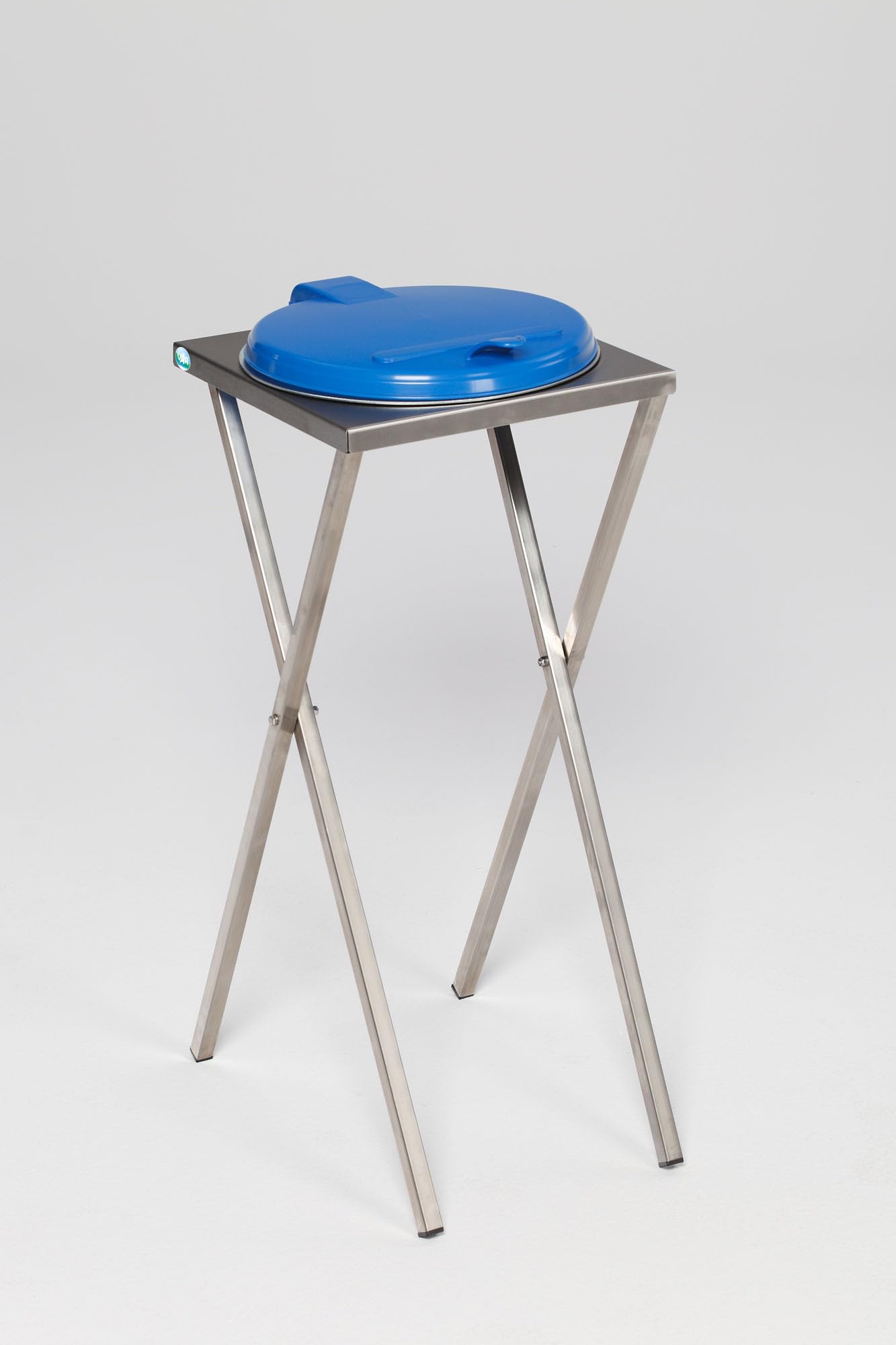 PROREGAL Robuster Scherenständer mit Klemmring | für 120 Liter Sack | HxBxT 90x40x45cm | Edelstahl | Blauer Deckel | Mülleimer Müllsackständer
