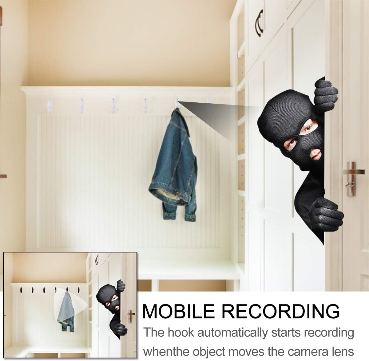 32GB Hidden Camera Clothes Hook, Mini Hidden Camera HD 1080P No WiFi Needed Nanny Cam, Security Camera with 32GB SD Card Recording for Monitoring Home/Baby/Pet No Audio