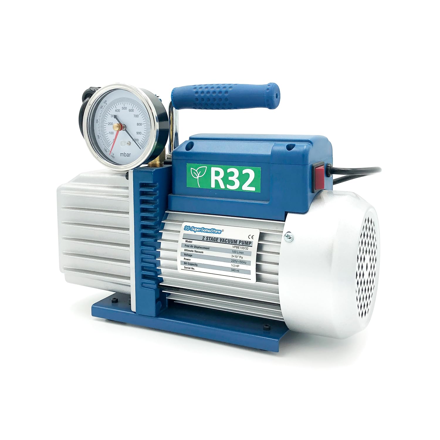 3S SuperSamaStore Pompa Vuoto Bistadio 100 Lt/Min con Elettrovalvola e Vacuometro, Pompa Vuoto Professionale Omologata per Gas R32