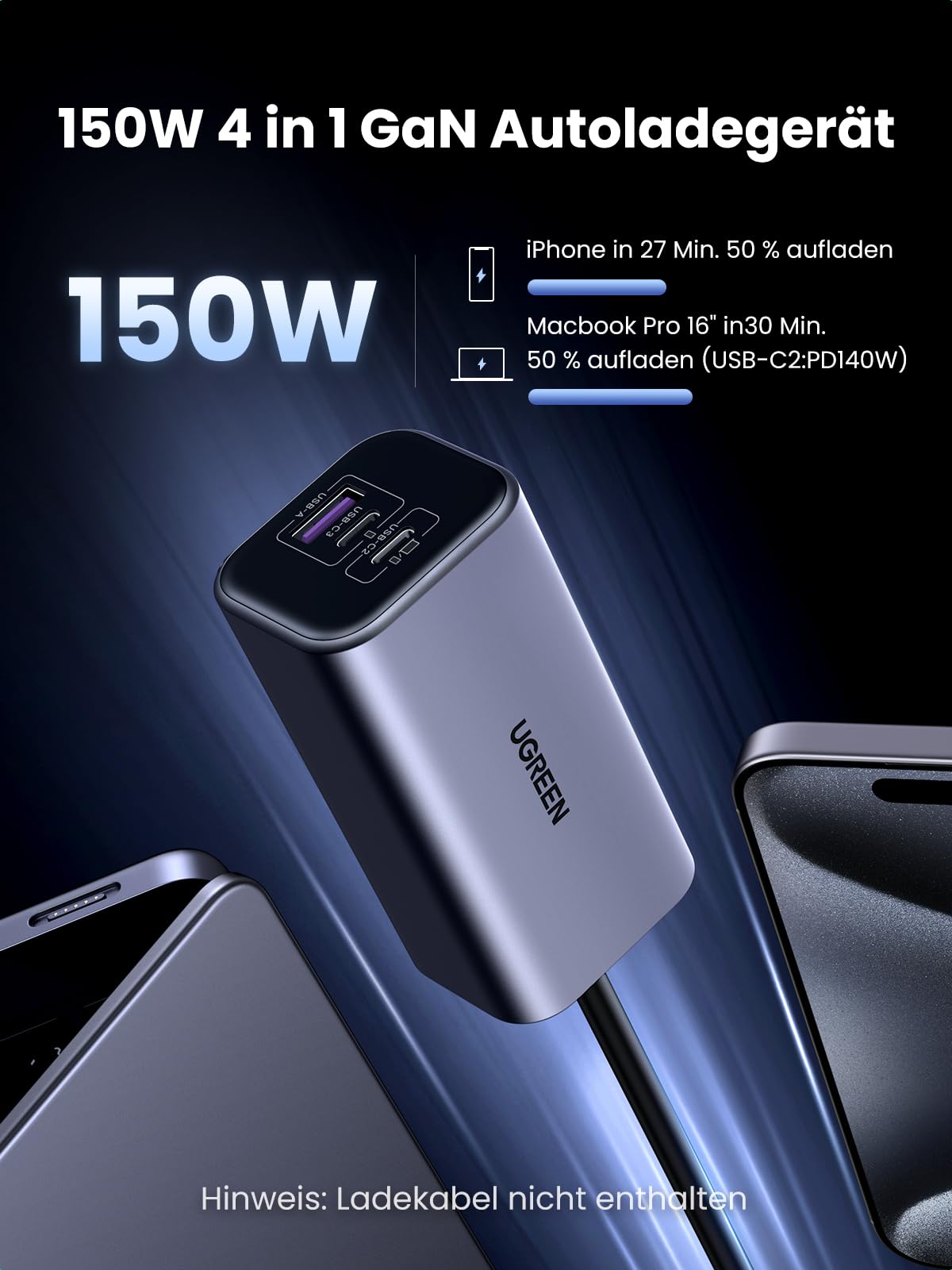UGREEN 150W 4 in 1 Zigarettenanzünder USB C GaN PD3.1 schnell | kompaktes Verteiler, 140W USB C Ausgang, zigarettenanzünder Adapter kfz ladegerät für iPhone 17, Macbook, iPad, Gps usw.