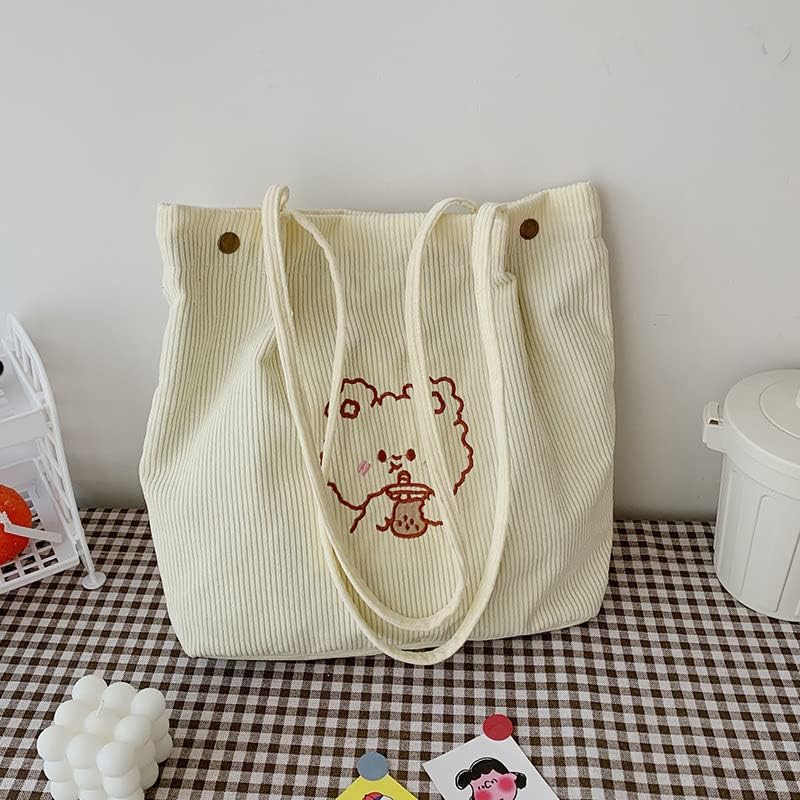 Corduroy Tote Bag for Women - Shoulder and Crossbody Cute Aesthetic Bag (Bear Bottle) - Image 3