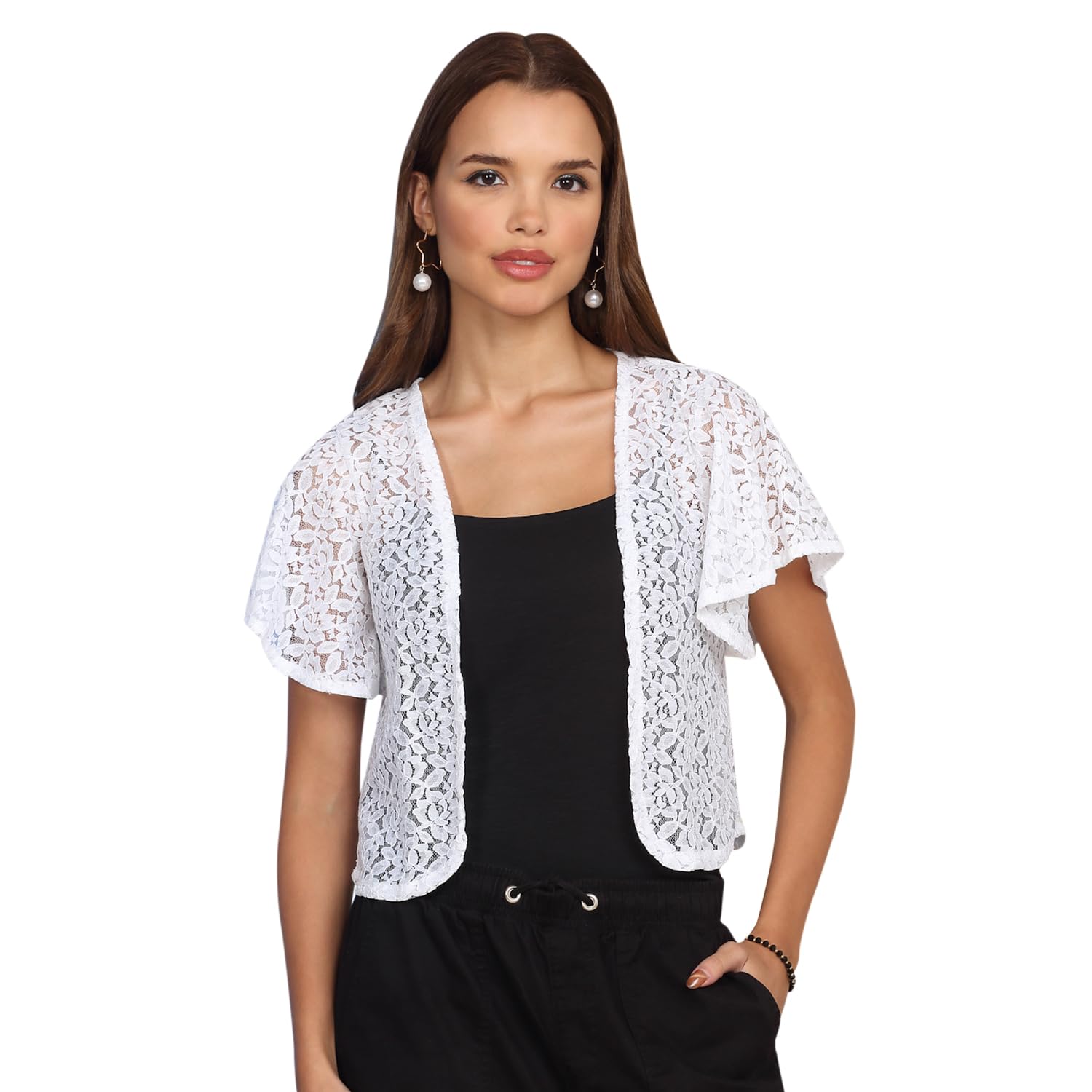 dressitude Women's Self Designed Short Sleeve Front Open Poly Cotton Lace Shrug-picture-15