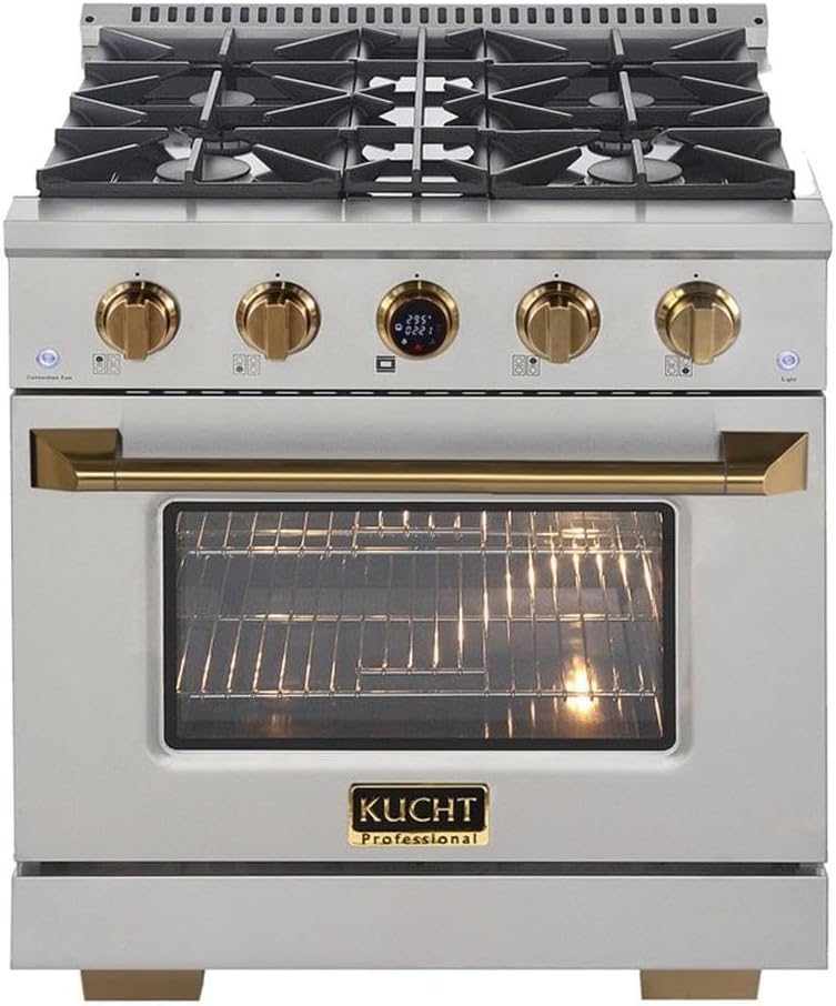 Pemberly Row 30" Dual Fuel Range Propane Gas, 4.2 cu. ft. Convection Oven, 4 Sealed Burners, Stainless Steel & Gold Finish, Includes Wall Mount Range Hood, Pro-Style Kitchen Cooking Appliance