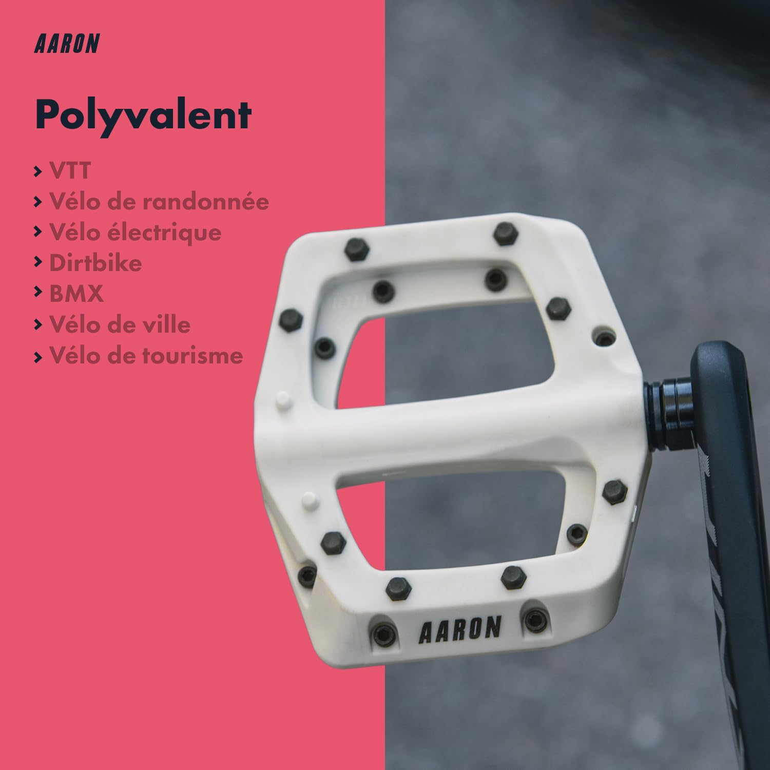 AARON Pédales Dirt MTB en fibres de nylon ultra légères avec roulement à billes industriel scellé, antidérapantes grâce à 8 broches interchangeables, pédales de vélo pour dirtbike, vélo électrique,