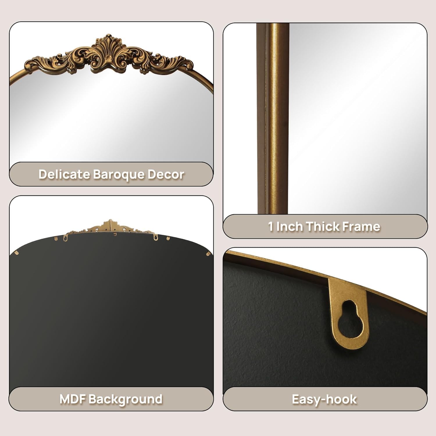 Vintage Gold Arched Wall Mirror 36"x30" – Ornate Baroque Style Antique Brass Frame, Decorative Large Mirror for Entryway, Living Room, Fireplace, Hallway, Bathroom