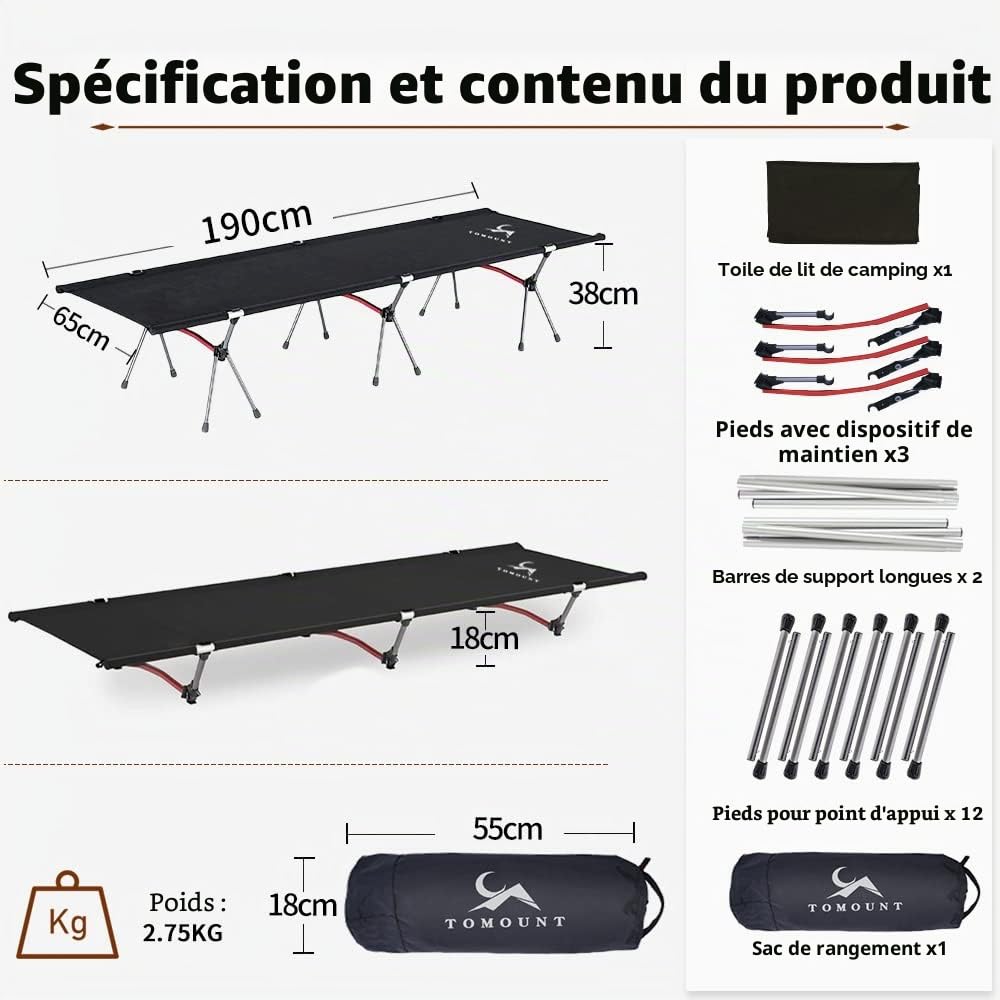 TOMOUNT Lit de camp léger en alliage d'aluminium compact pour balcon, jardin, tente, randonnée en plein air