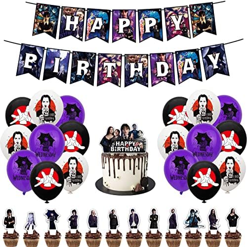 Wednesday Party Supplies, Wednesday Addams Movie Birthday Decorations with Happy Birthday Banner, Cupcake Cake Toppers, Balloons for Kids Party Favors