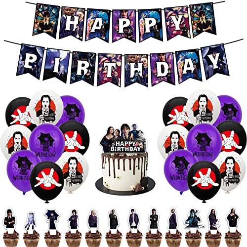 Wednesday Party Supplies, Wednesday Addams Movie Birthday Decorations With Happy Birthday Banner, Cupcake Cake Toppers, Balloons For Kids Party Favors #TOP2