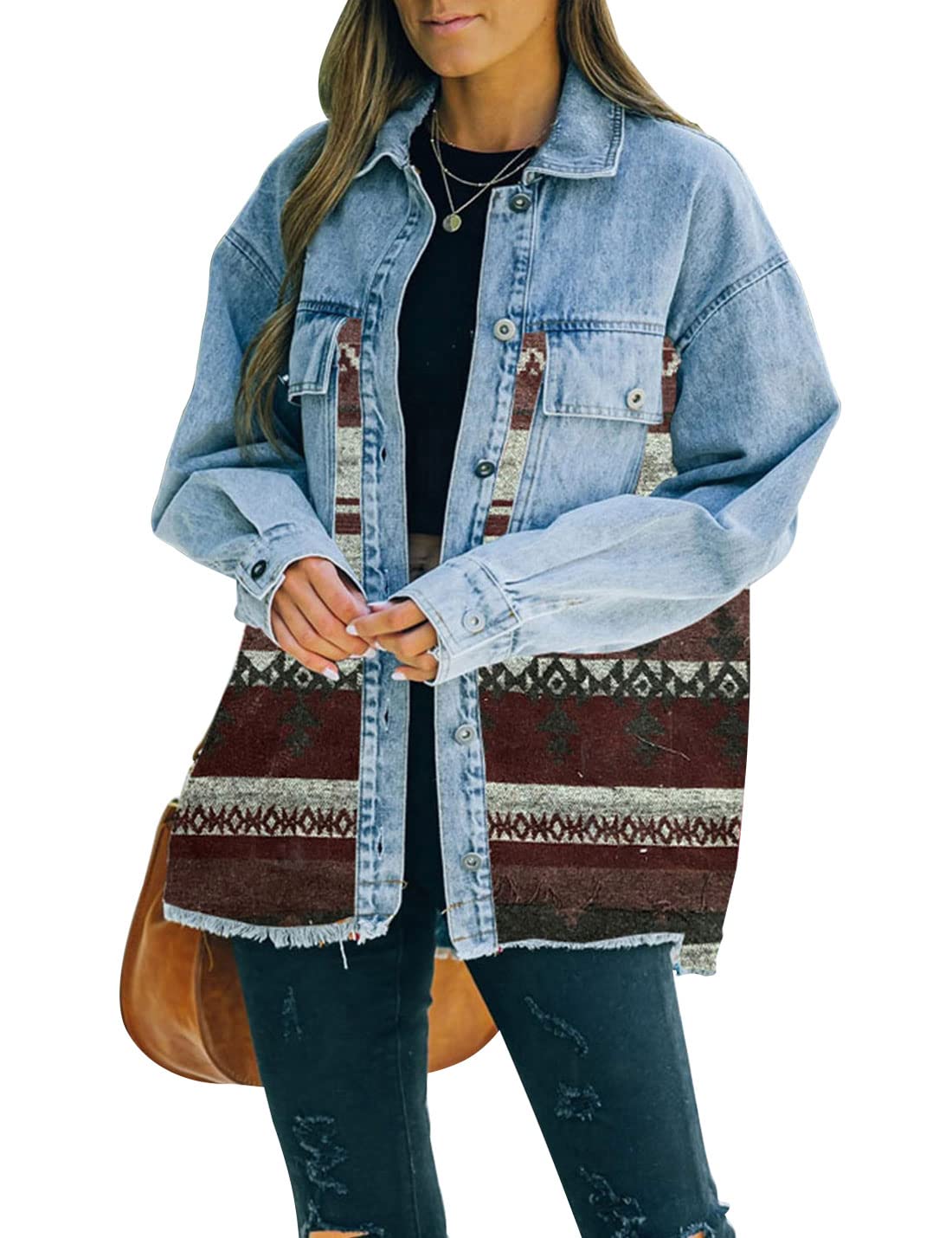 happlan Aztec Denim Jacket For Women Lapel Button Down Print Shirt Coat Shacket