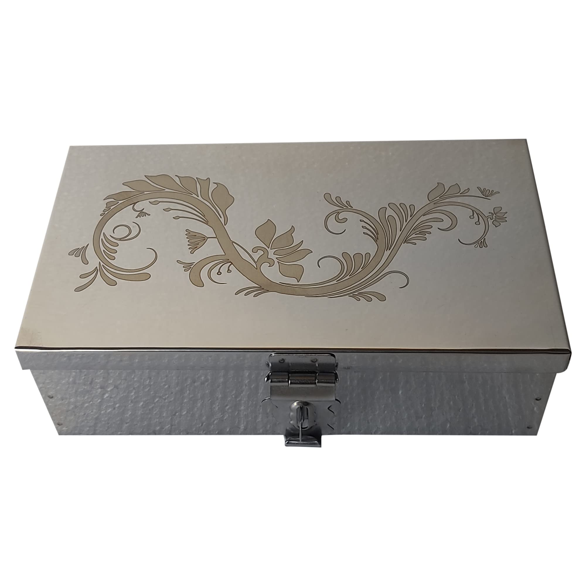 GvanyS Stainless Steel Steel Storage Boxes,Cash, Pooja Peti,Organizer,Safe Locker Box 8 Inch Storage Box (Steel) W-8", H-2.50", L-5" Cash Box With Laser Print Design (Small)