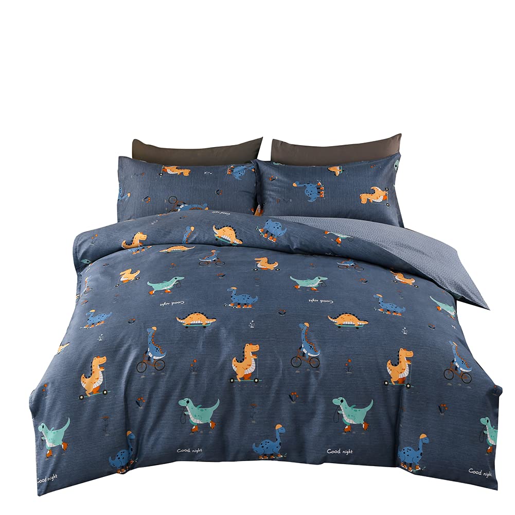 Treer-Shop Navy Blue Duvet Cover Sets Pillowcases 3Pcs Polyester, Treer Single Double Super King Size Bedding Soft Comfortable, Cartoon Dinosaur Printed Bed Set - Quilt Cover And 2*Pillow Case (,220X240cm)