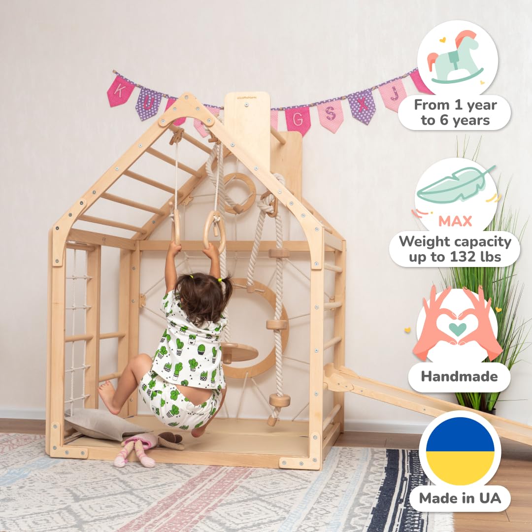 Woodandhearts Indoor Playground, Made in Europe, Indoor Jungle Gym, Kid's Playground, Climbing Gym, Jungle Gym for Kids 1-4 Years (Ramp, Rope Accessories, Mat)