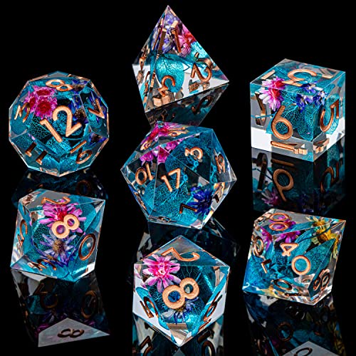 Aruohha Dnd Resin Dice Translucent Sharp Edged Dice Set, 7Pcs Flower Leaf Inclusions Polyhedral Dice For Dungeons And Dragons Rpg Role Playing Game Handmade D&D Dice Set With Box D20 D12 D10 D8 D6 D4 #TOP1