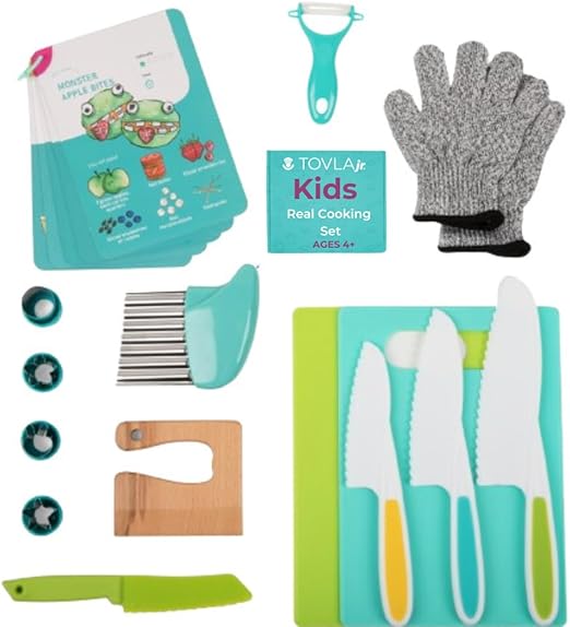 Toddler Safe Knife Set with Recipe Book - Includes Peeler, Cutting Board, and Chopper - Real Kitchen Tools for Kids Ages 4-12