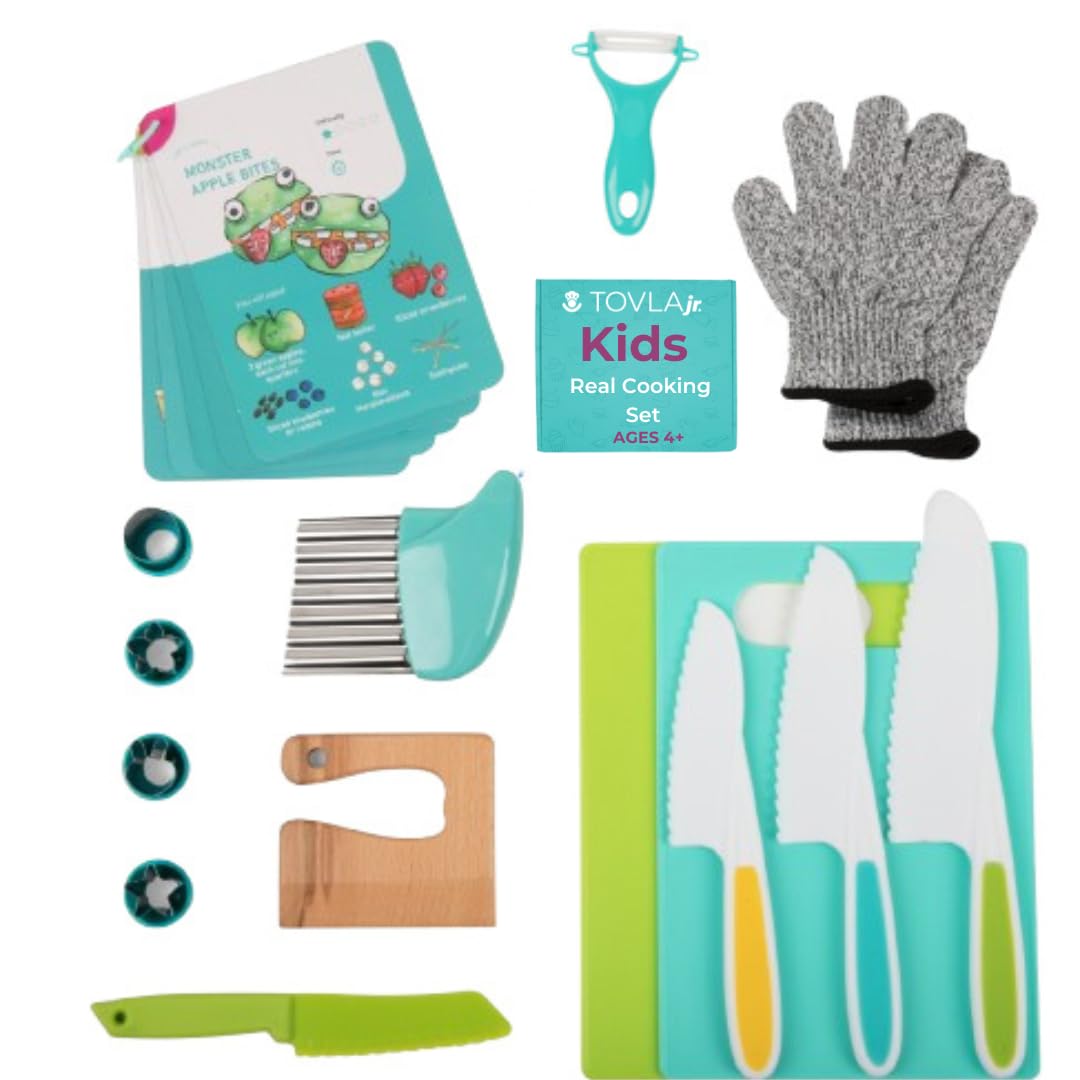 Toddler Safe Knife Set with Recipe Book - Includes Peeler, Cutting Board, and Chopper - Real Kitchen Tools for Kids Ages 4-12