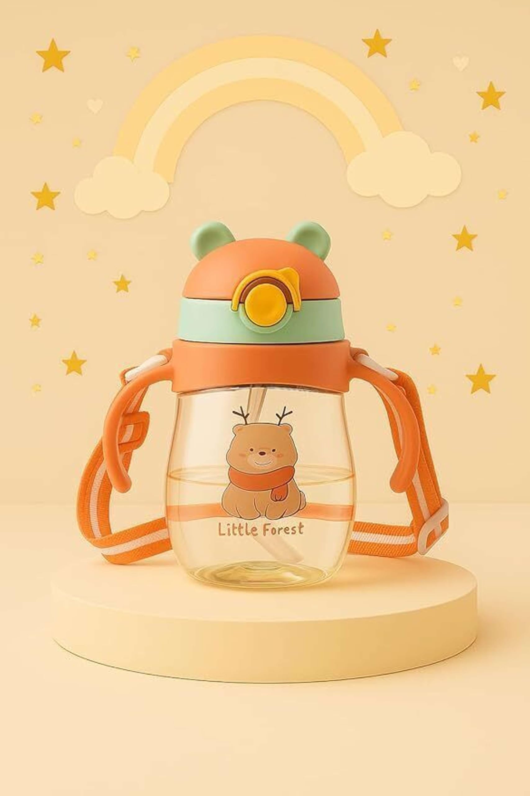 Little Forest Kids Sippy Cup with Straw, Bear Design, Orange,pack of 1 | Dual Handles, Shoulder Strap Included, Push-Button Lid, Toddler Water Bottle, Transparent Body-image-21