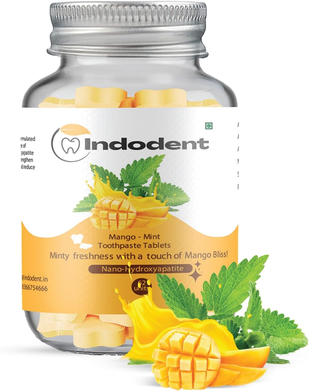 Mango Mint Toothpaste tablets (62) bottle | Minty Fresh | Strengthening SLS free Multi-Protection Formula | Sensitivity Relief | Nano Hydroxyapatite