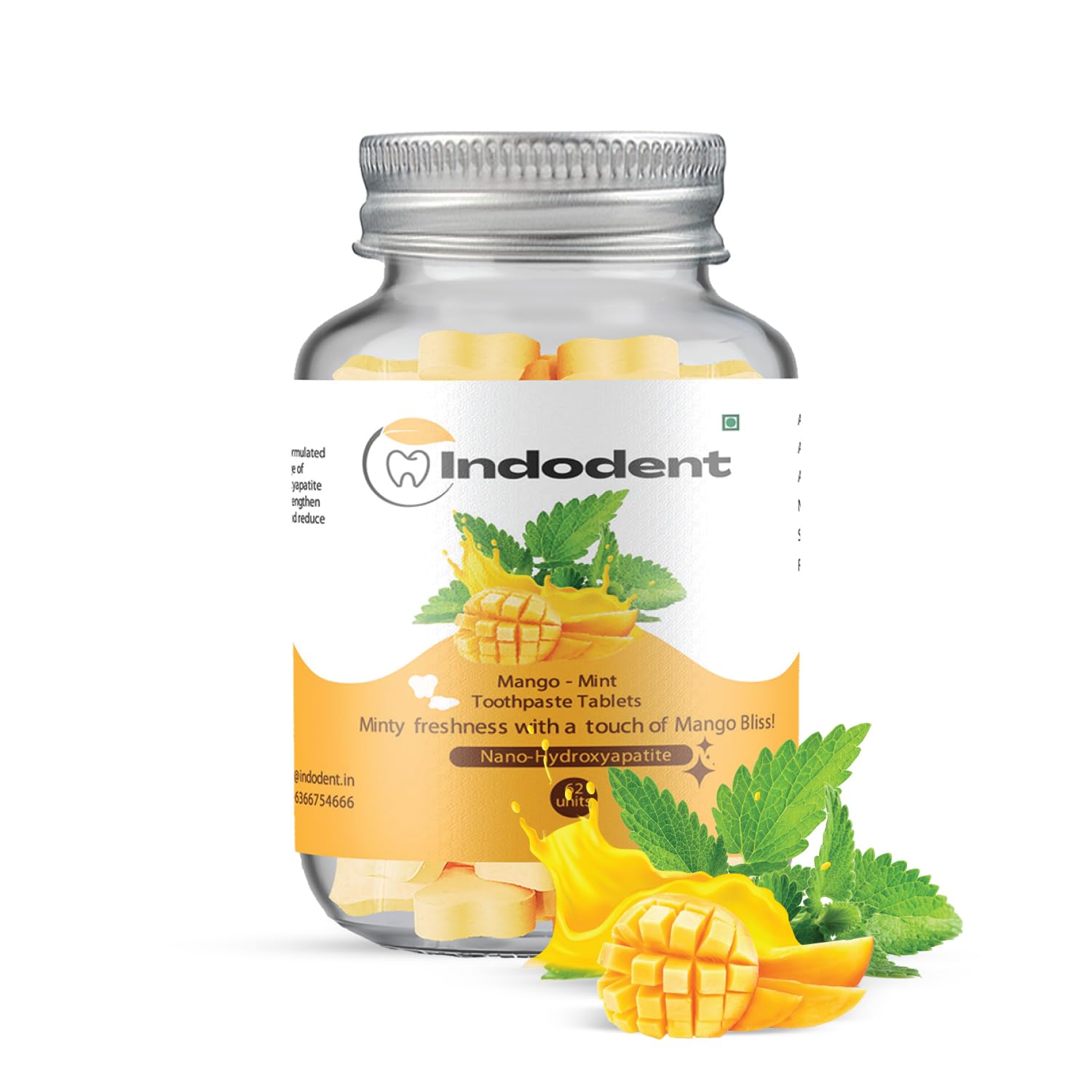 Mango Mint Toothpaste tablets (62) bottle | Minty Fresh | Strengthening SLS free Multi-Protection Formula | Sensitivity Relief | Nano Hydroxyapatite