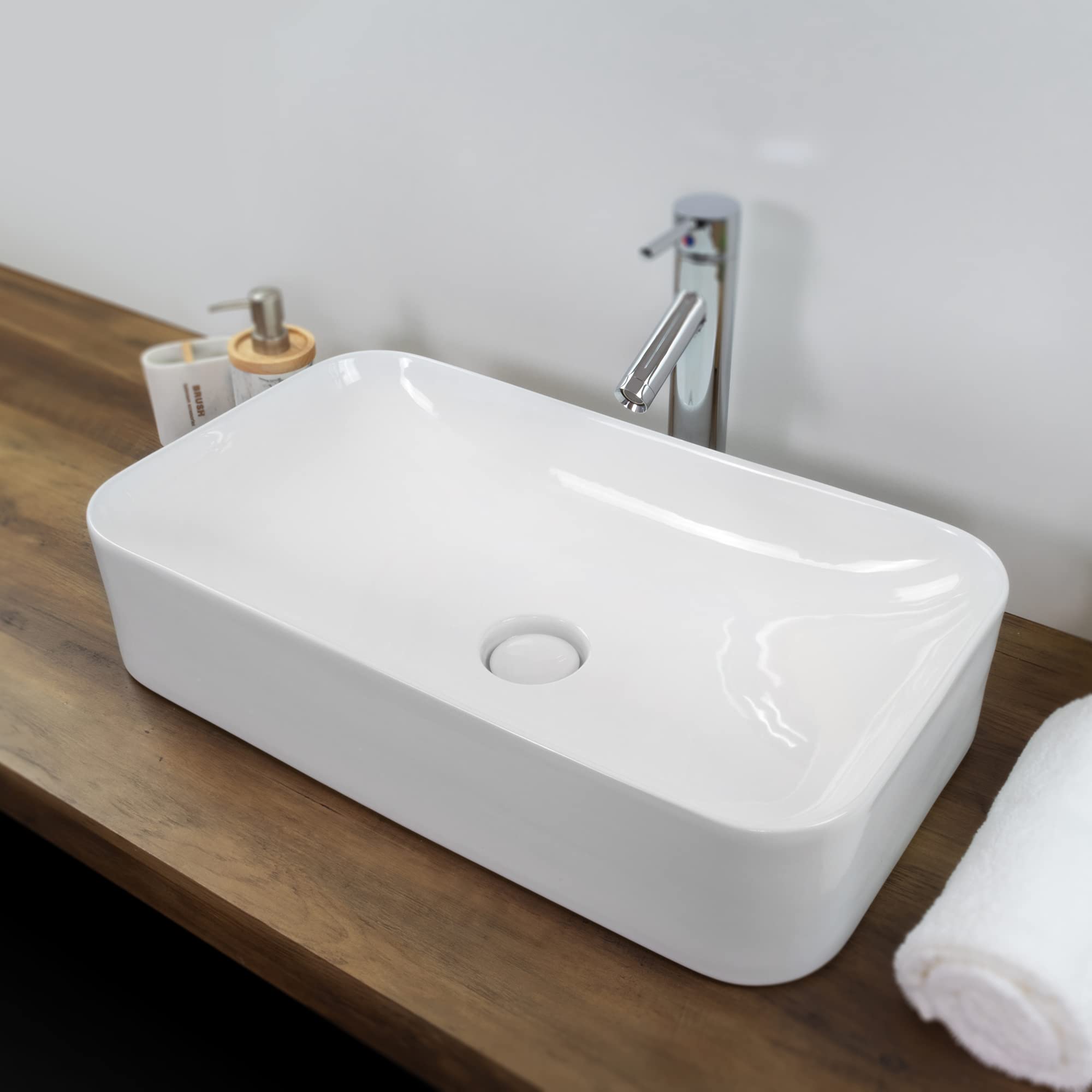 Lavabo sobre Encimera Rectangular en Ceramica Brillante CHIENTI | 60x35x13.5 cm | Incluye Tapon "Pop Up" con Valvula de Desague Click Clack | Sin Taladro Grifo | Color Blanco