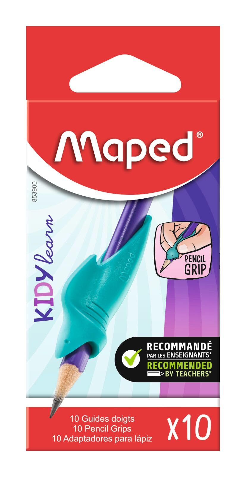 Maped - 10 Removable Finger Guides for Grey Pencil - Blue Shark Shaped Finger Guides - Soft Material - Kids Learning to Write Tool