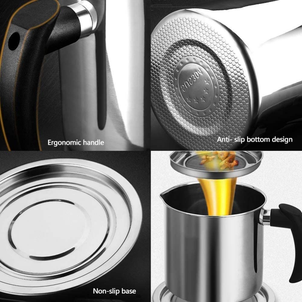 Recipiente de aceite usado con colador de malla, olla de grasa de 1,8 L para cocina, ideal para almacenar aceite de tocino y grasa de cocina, diseño de filtro fácil
