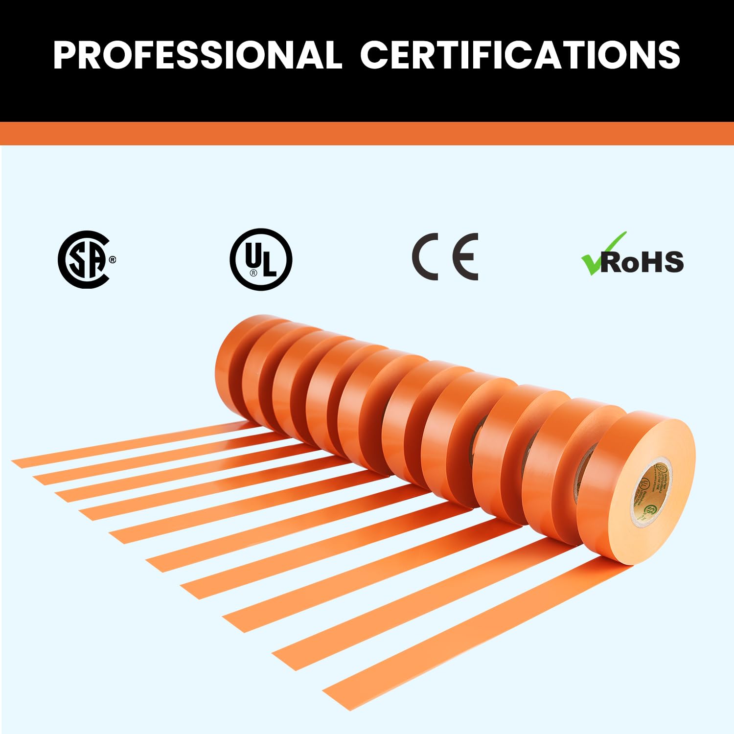 Lichamp 10 cintas aislantes impermeables de grado industrial UL/CSA (1,9 cm x 20 m), color naranja