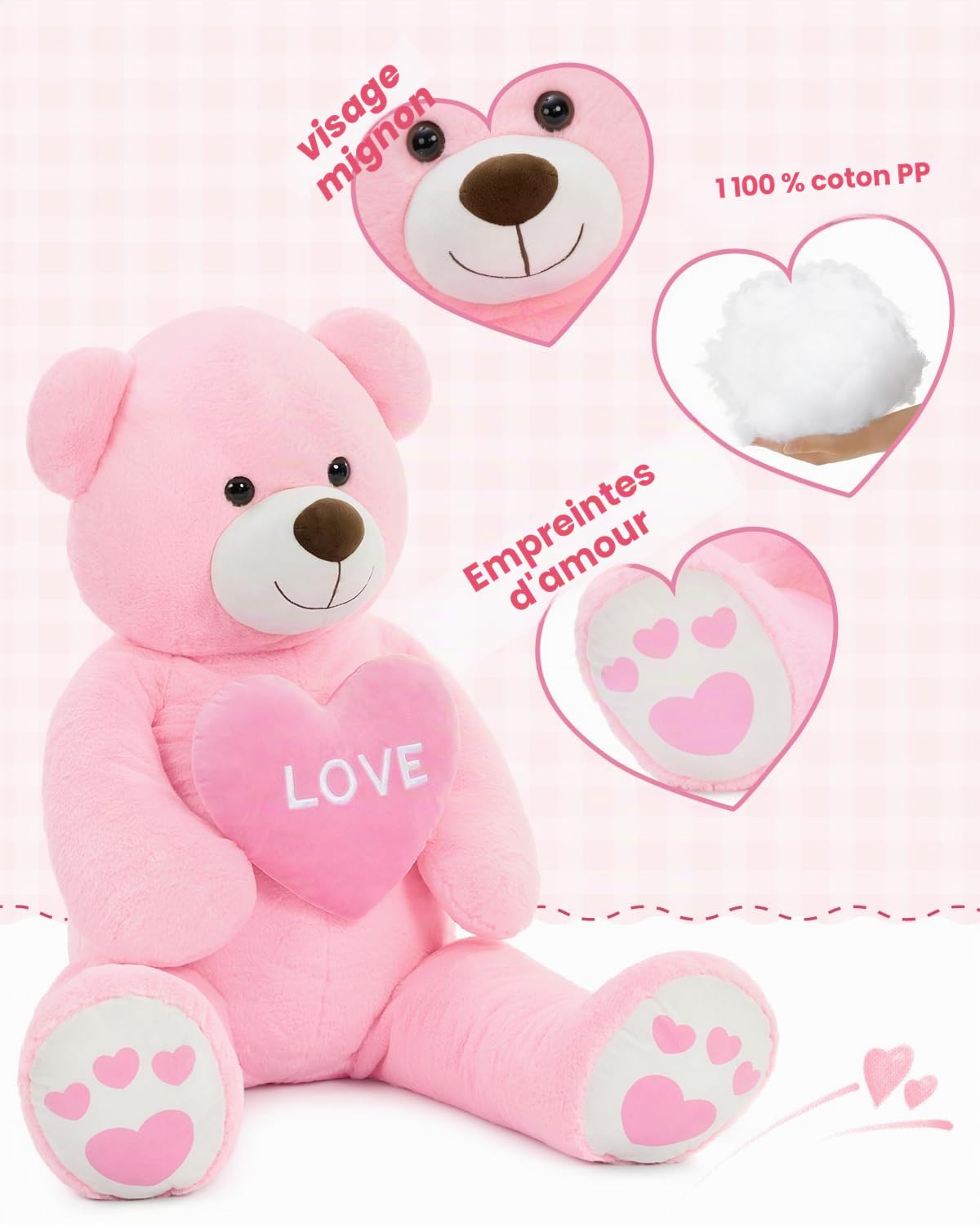MorisMos 130cm Ours en Peluche Geant avec Cœure, XXL Rose Douce Nounours Géant Grosse Teddy Bear Jouet Mignonne Grand Cadeau pour Enfant Petite Amie Anniversaire Noël Décoration
