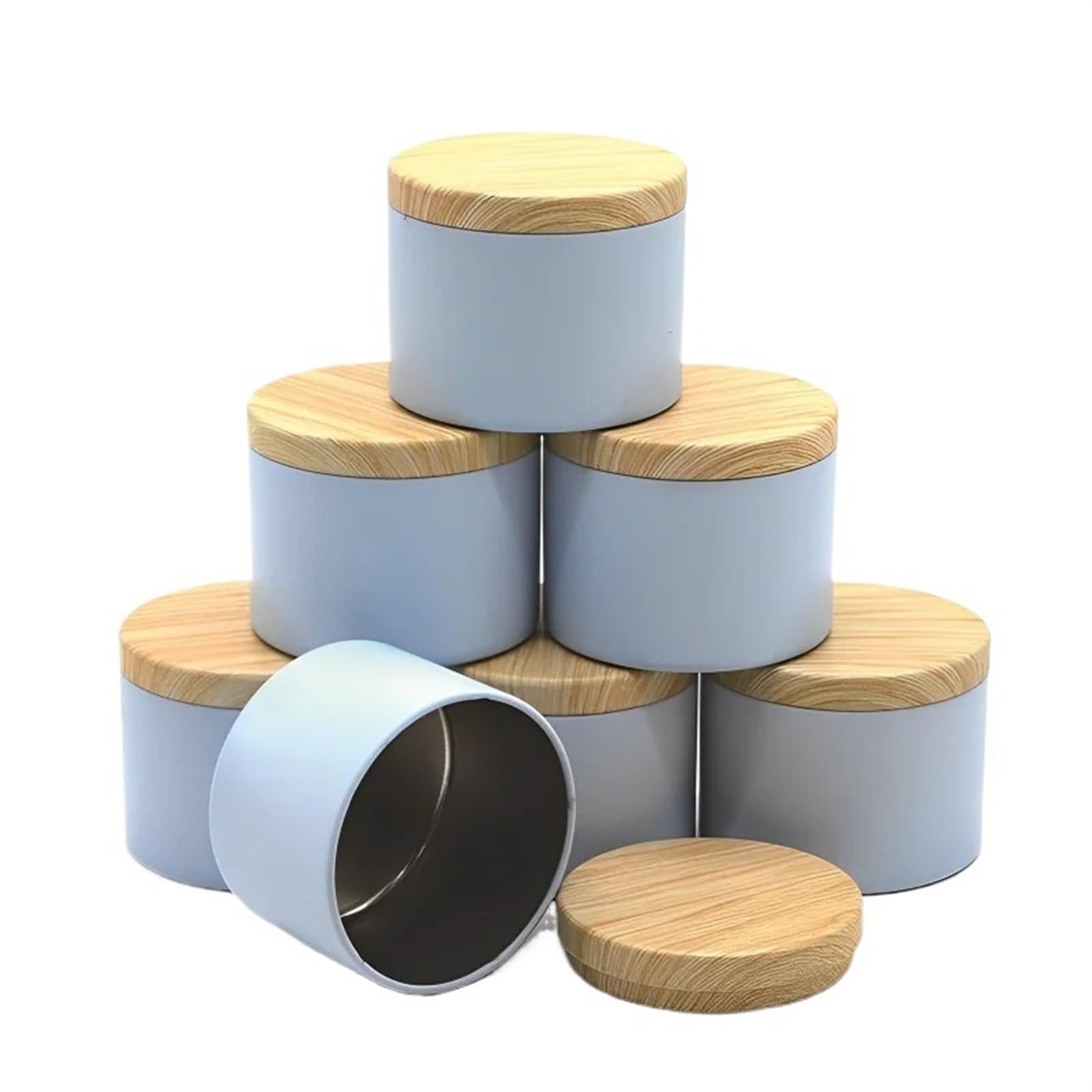 Candle Tins, 12pcs 4oz Round Iron Candle Jars with Lids, Multicolor, Empty Cosmetic Containers(Blue-with-Wood)