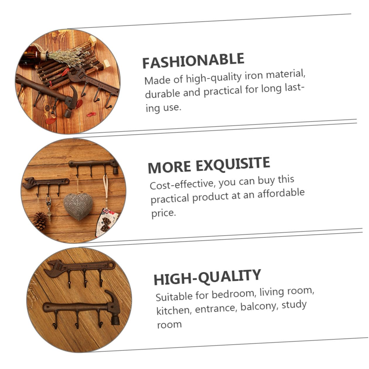 GLEAVI Set di Ganci da Muro Decorativi e Resistenti Forma di Martello e Chiave Inglese Stile Industriale in Ferro per Soggiorno e Studio